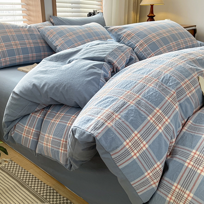 91家纺网 家纺一手货源 找家纺 柠萌家居 2024新款无印风A类全棉色织水洗棉四件套 麦凯-蓝