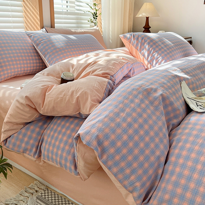 91家纺网 家纺一手货源 找家纺 柠萌家居 2024新款无印风A类全棉色织水洗棉四件套 星辰-蓝桔