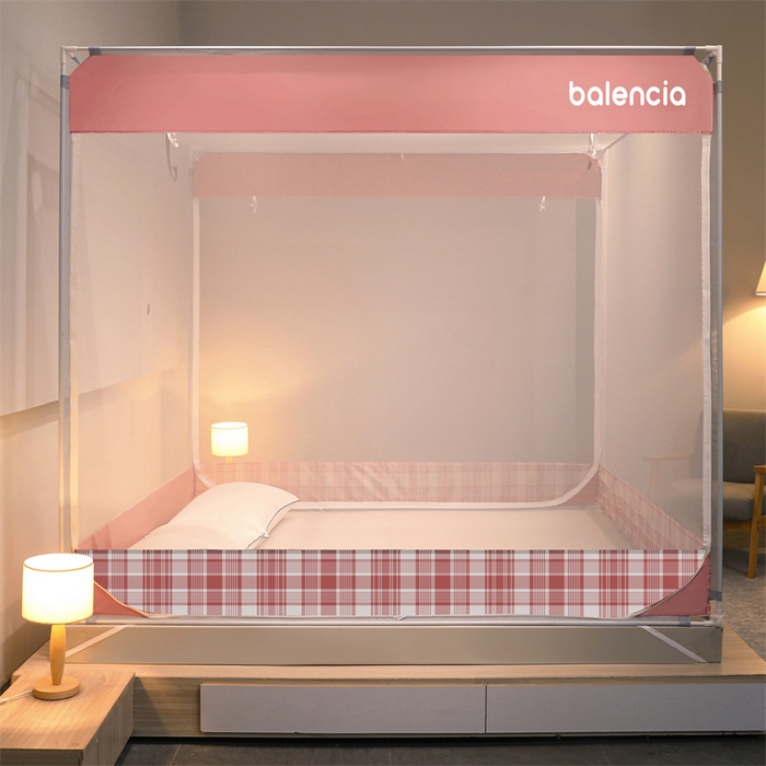 91家纺网 家纺一手货源 找家纺 佳梦家纺 2023新款方顶印花坐床蚊帐 夏日粉