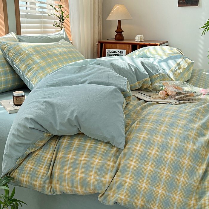 91家纺网 家纺一手货源 找家纺 柠萌家居 2024新款无印风A类全棉色织水洗棉四件套 舒雅风情-黄