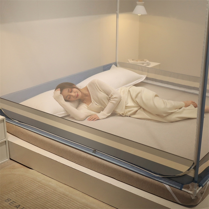 91家纺网 家纺一手货源 找家纺 佳梦家纺 2023新款方顶印花坐床蚊帐 知夏-黎明蓝