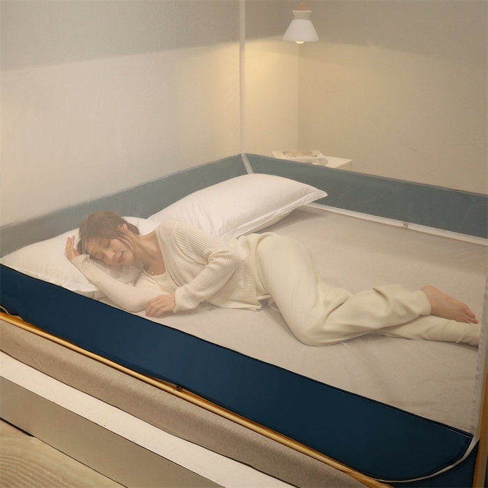 91家纺网 家纺一手货源 找家纺 佳梦家纺 2023新款方顶印花坐床蚊帐 恋家-蓝