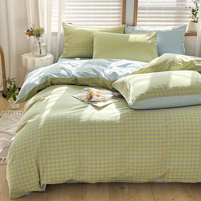 91家纺网 家纺一手货源 找家纺 柠萌家居 2024新款无印风A类全棉色织水洗棉四件套 星辰-蓝黄