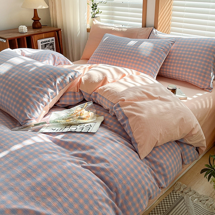 91家纺网 家纺一手货源 找家纺 柠萌家居 2024新款无印风A类全棉色织水洗棉四件套 星辰-蓝桔