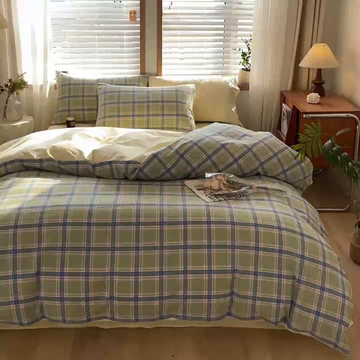 91家纺网 家纺一手货源 找家纺 柠萌家居 2024新款无印风A类全棉色织水洗棉四件套 麦凯-绿