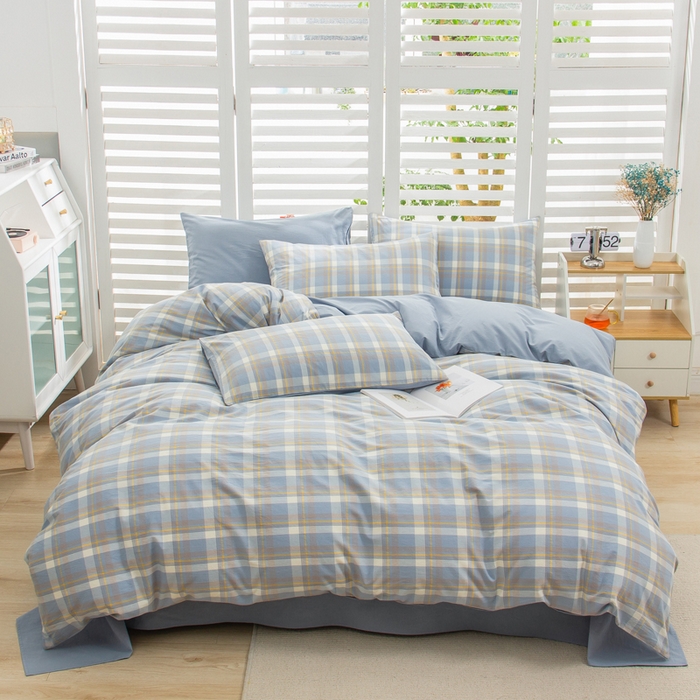 91家纺网 家纺一手货源 找家纺 柠萌家居 2024新款无印风A类全棉色织水洗棉四件套 简兮兰