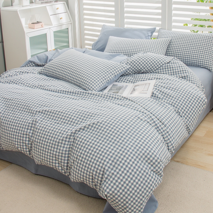 91家纺网 家纺一手货源 找家纺 柠萌家居 2024新款无印风A类全棉色织水洗棉四件套 蓝小格