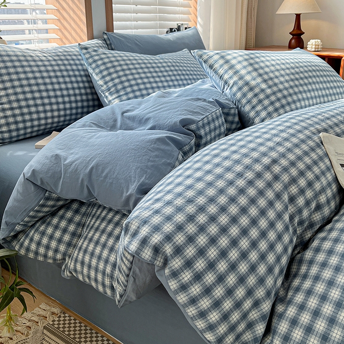 91家纺网 家纺一手货源 找家纺 柠萌家居 2024新款无印风A类全棉色织水洗棉四件套 尚品-蓝