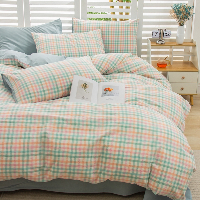 91家纺网 家纺一手货源 找家纺 柠萌家居 2024新款无印风A类全棉色织水洗棉四件套 冰激凌绿