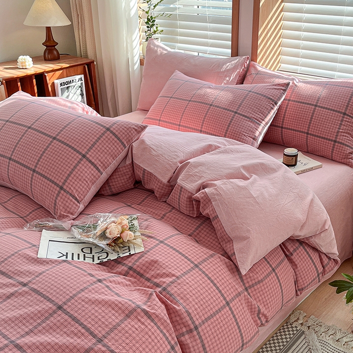 91家纺网 家纺一手货源 找家纺 柠萌家居 2024新款无印风A类全棉色织水洗棉四件套 尚品-粉