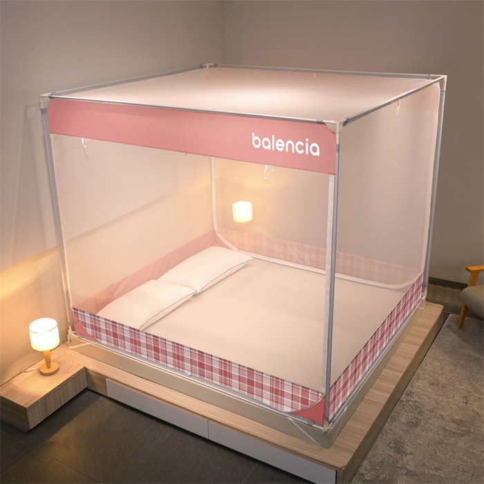 91家纺网 家纺一手货源 找家纺 佳梦家纺 2023新款方顶印花坐床蚊帐 夏日粉