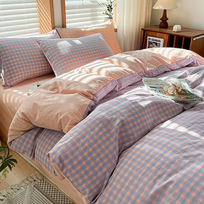 91家纺网 家纺一手货源 找家纺 柠萌家居 2024新款无印风A类全棉色织水洗棉四件套 星辰-蓝桔