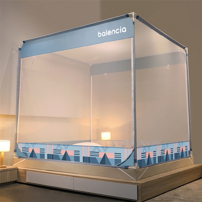 91家纺网 家纺一手货源 找家纺 佳梦家纺 2023新款方顶印花坐床蚊帐 微雨蓝