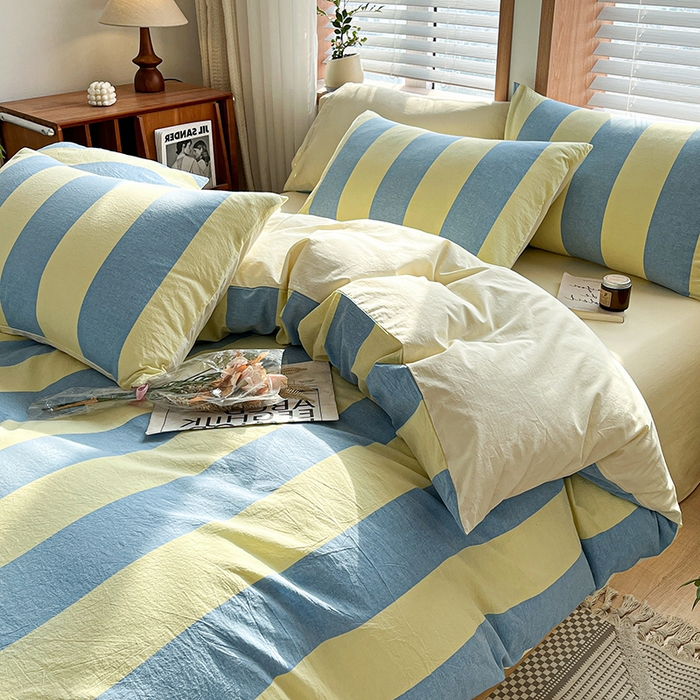 91家纺网 家纺一手货源 找家纺 柠萌家居 2024新款无印风A类全棉色织水洗棉四件套 初享时光-兰