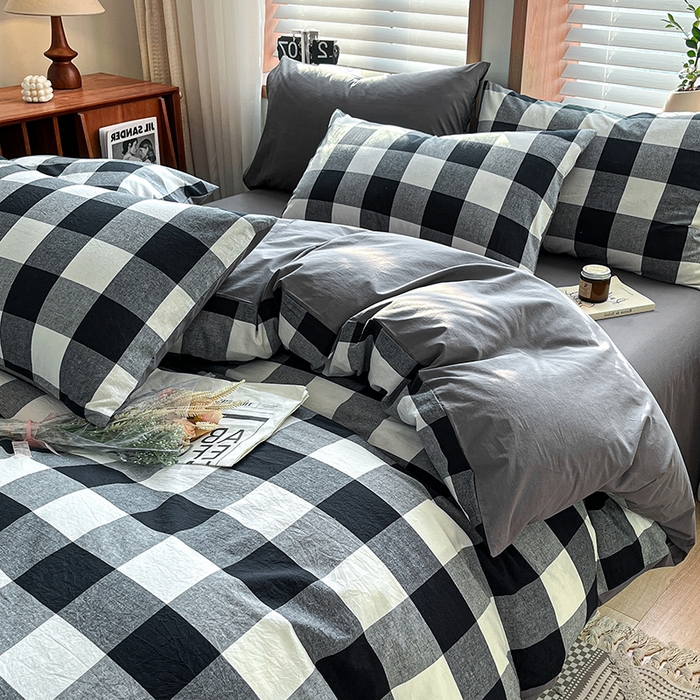 91家纺网 家纺一手货源 找家纺 柠萌家居 2024新款无印风A类全棉色织水洗棉四件套 留恋时光-黑