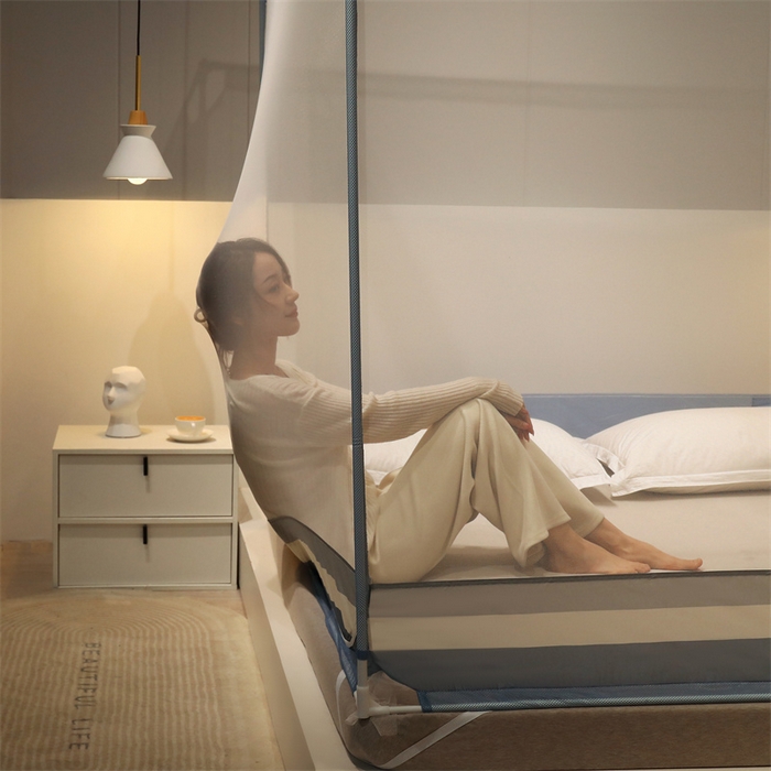 91家纺网 家纺一手货源 找家纺 佳梦家纺 2023新款方顶印花坐床蚊帐 知夏-黎明蓝