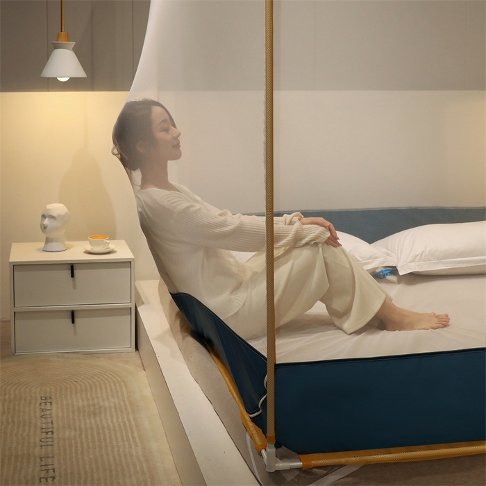 91家纺网 家纺一手货源 找家纺 佳梦家纺 2023新款方顶印花坐床蚊帐 恋家-蓝