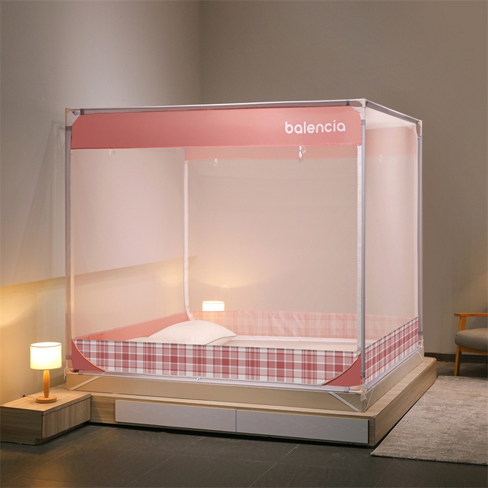 91家纺网 家纺一手货源 找家纺 佳梦家纺 2023新款方顶印花坐床蚊帐 夏日粉