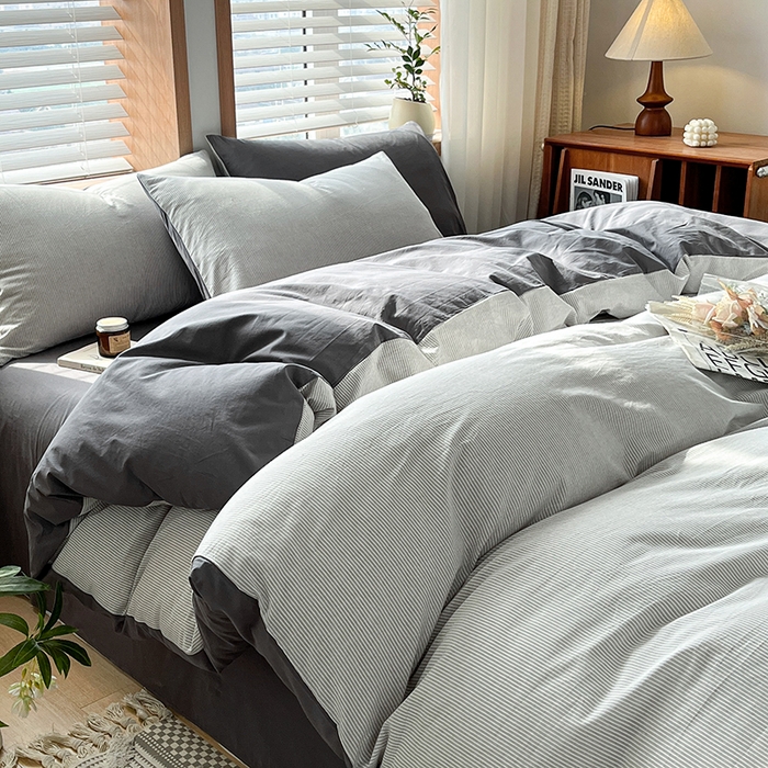 91家纺网 家纺一手货源 找家纺 柠萌家居 2024新款无印风A类全棉色织水洗棉四件套 灰密条纹