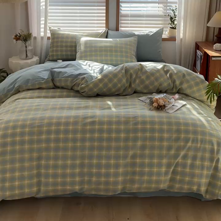 91家纺网 家纺一手货源 找家纺 柠萌家居 2024新款无印风A类全棉色织水洗棉四件套 舒雅风情-黄