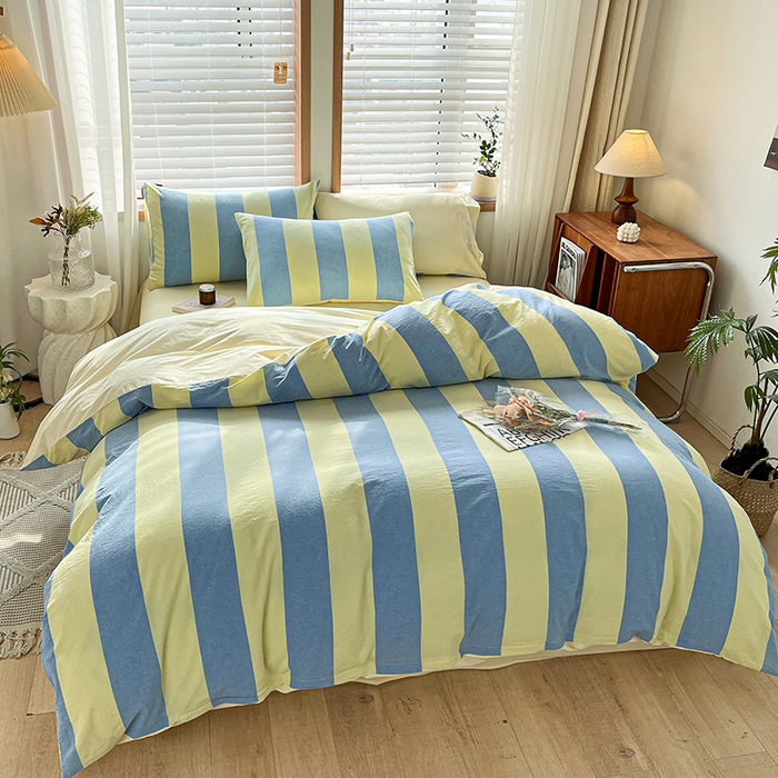 91家纺网 家纺一手货源 找家纺 柠萌家居 2024新款无印风A类全棉色织水洗棉四件套 初享时光-兰