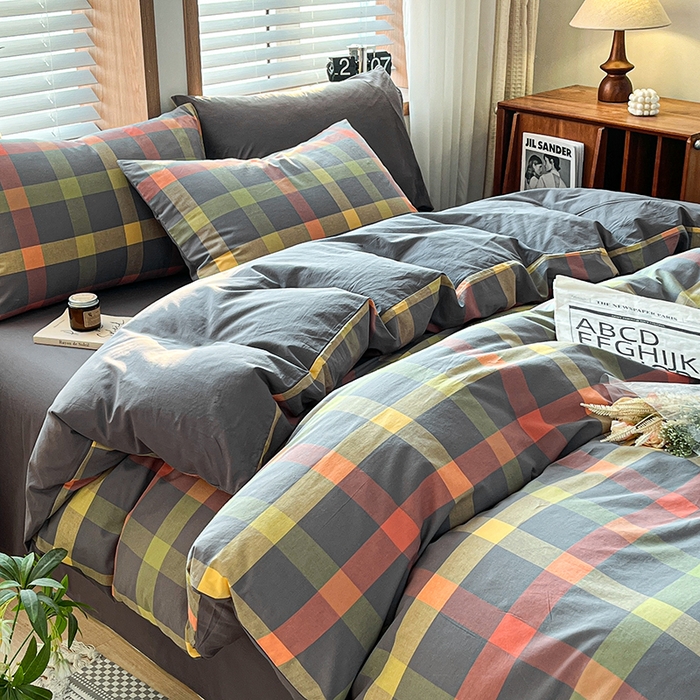 91家纺网 家纺一手货源 找家纺 柠萌家居 2024新款无印风A类全棉色织水洗棉四件套 雅蒂-灰