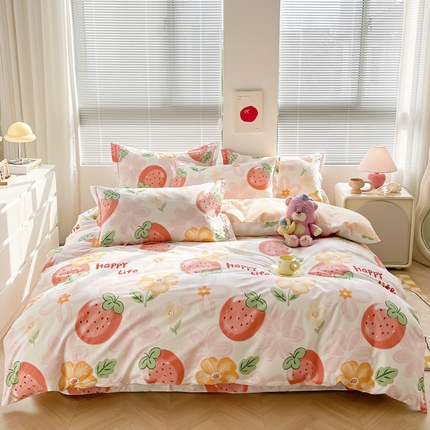 91家纺网 家纺一手货源 找家纺 简约家纺 2025新款全棉斜纹13070田园风印花四件套  草莓圣代