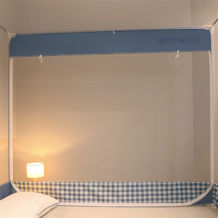 91家纺网 家纺一手货源 找家纺 佳梦家纺 2023新款方顶印花坐床蚊帐 夏日蓝