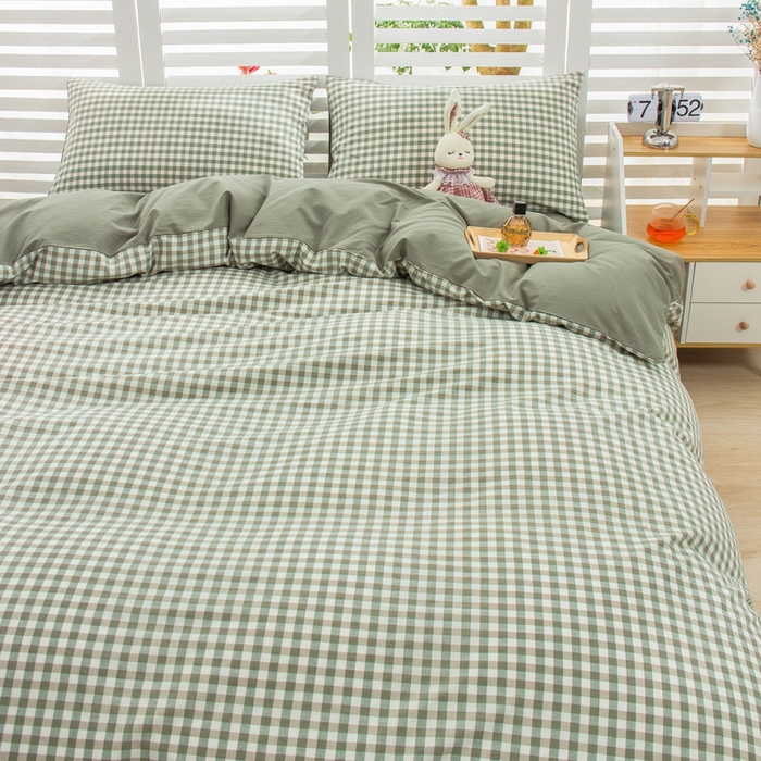 91家纺网 家纺一手货源 找家纺 柠萌家居 2024新款无印风A类全棉色织水洗棉四件套 小格绿