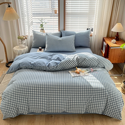 柠萌家居 2024新款无印风A类全棉色织水洗棉四件套 尚品-蓝