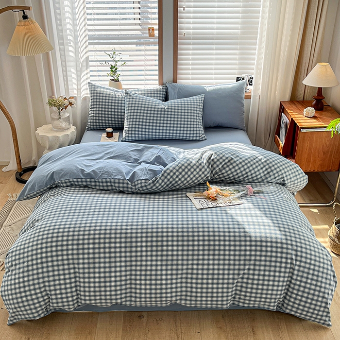 91家纺网 家纺一手货源 找家纺 柠萌家居 2024新款无印风A类全棉色织水洗棉四件套 尚品-蓝