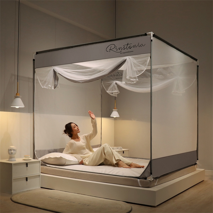 91家纺网 家纺一手货源 找家纺 佳梦家纺 2023新款方顶印花坐床蚊帐 恋家-灰色