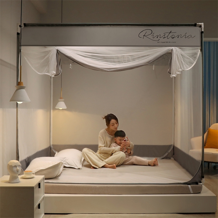 91家纺网 家纺一手货源 找家纺 佳梦家纺 2023新款方顶印花坐床蚊帐 恋家-灰色