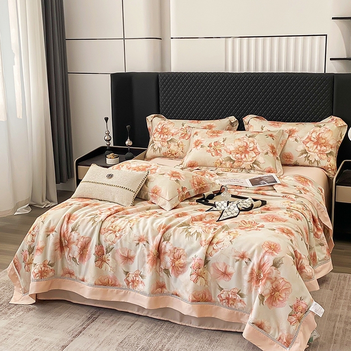 91家纺网 家纺一手货源 找家纺 娇逸家居 2025新款50支莱赛尔镂空花边印花天丝夏被 落雪-玉