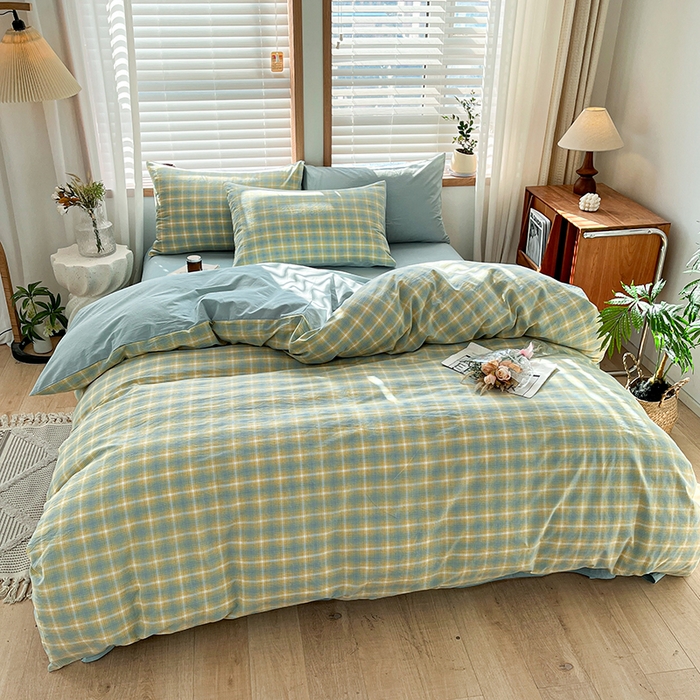 91家纺网 家纺一手货源 找家纺 柠萌家居 2024新款无印风A类全棉色织水洗棉四件套 舒雅风情-黄