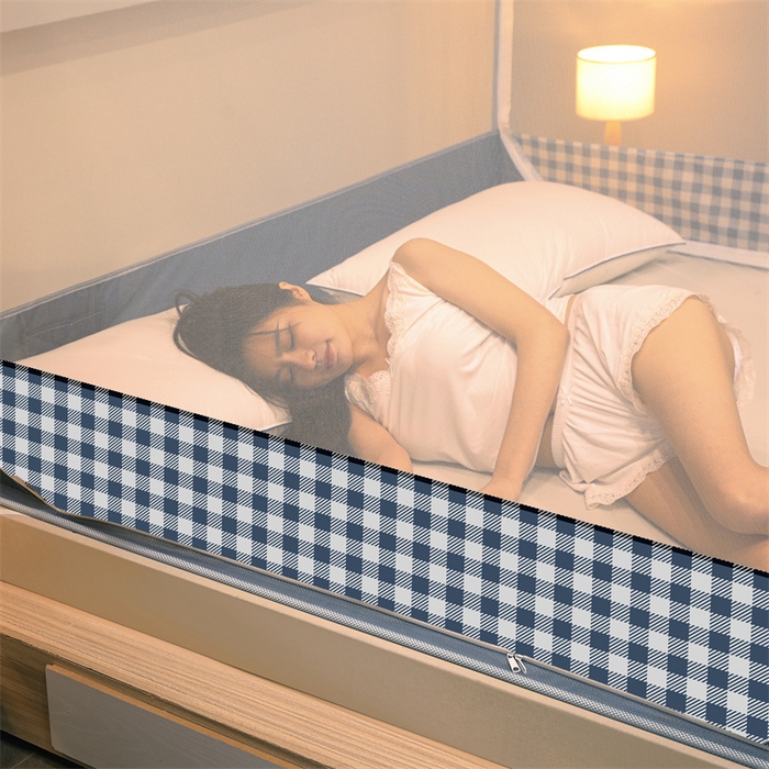 91家纺网 家纺一手货源 找家纺 佳梦家纺 2023新款方顶印花坐床蚊帐 夏日蓝