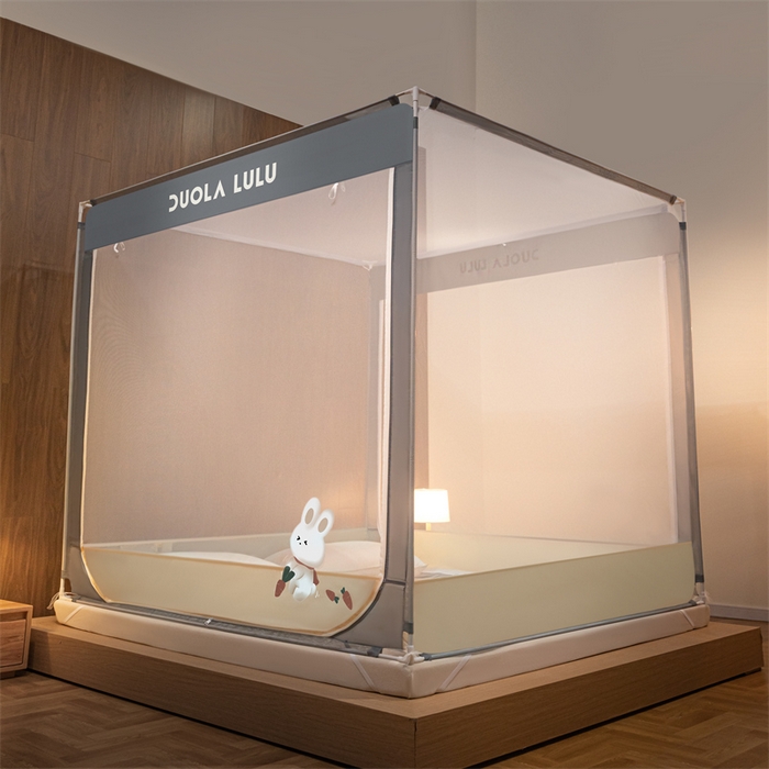 91家纺网 家纺一手货源 找家纺 佳梦家纺 2023新款方顶烫画坐床蚊帐 LULU-奶油黄