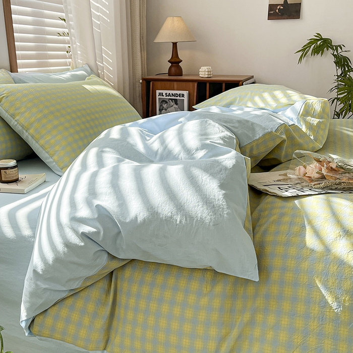 91家纺网 家纺一手货源 找家纺 柠萌家居 2024新款无印风A类全棉色织水洗棉四件套 星辰-蓝黄