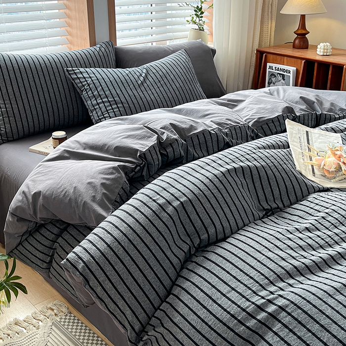 91家纺网 家纺一手货源 找家纺 柠萌家居 2024新款无印风A类全棉色织水洗棉四件套 白日梦想家-黑