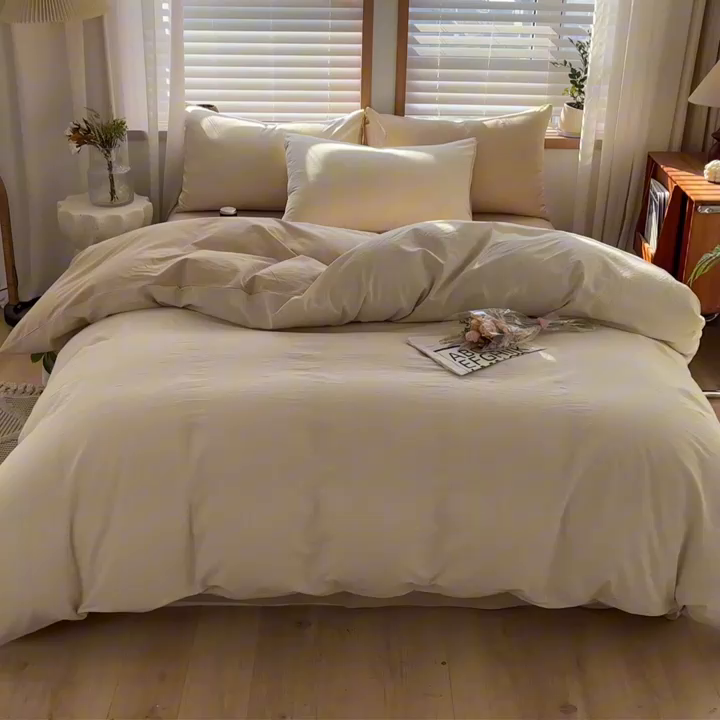 91家纺网 家纺一手货源 找家纺 柠萌家居 2024新款无印风A类全棉色织水洗棉四件套 米密条纹