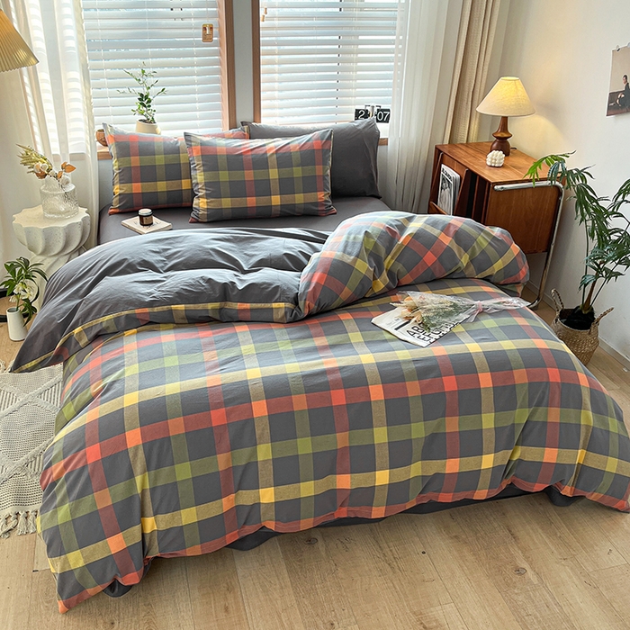 91家纺网 家纺一手货源 找家纺 柠萌家居 2024新款无印风A类全棉色织水洗棉四件套 雅蒂-灰