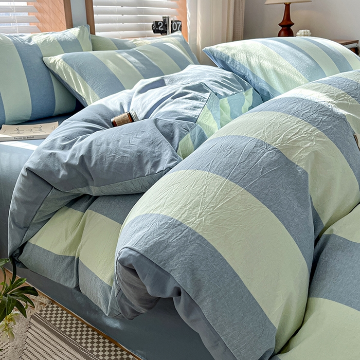 91家纺网 家纺一手货源 找家纺 柠萌家居 2024新款无印风A类全棉色织水洗棉四件套 初享时光-浅蓝