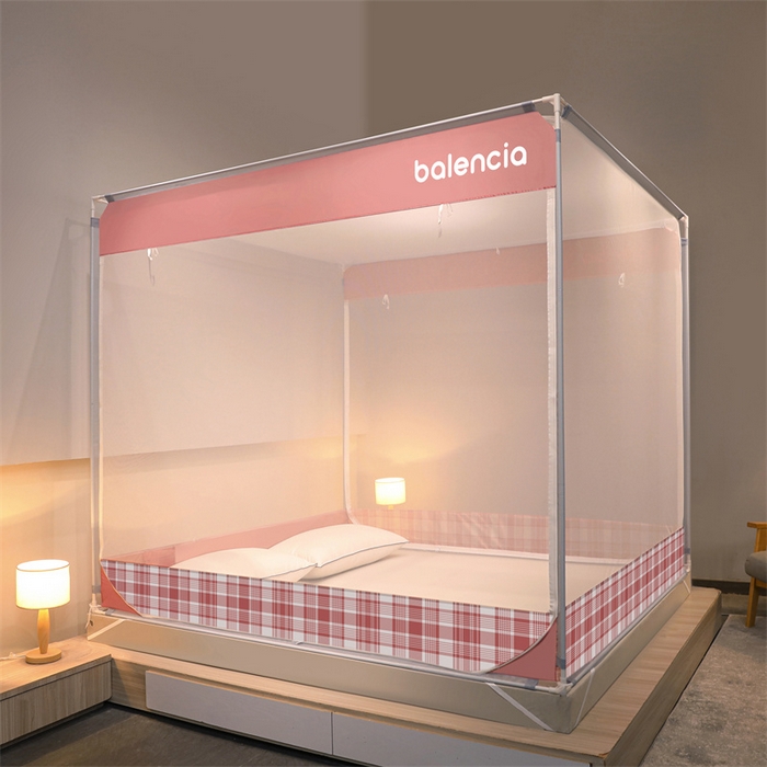 91家纺网 家纺一手货源 找家纺 佳梦家纺 2023新款方顶印花坐床蚊帐 夏日粉