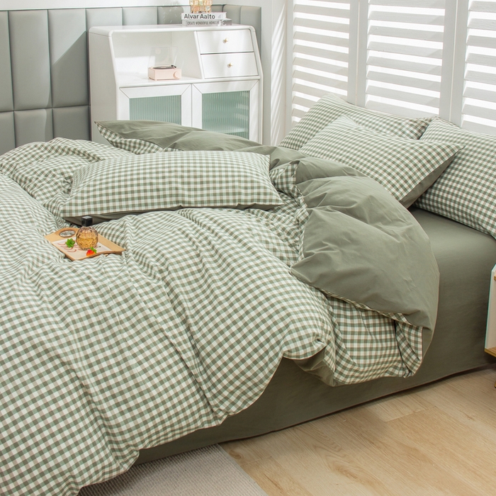 91家纺网 家纺一手货源 找家纺 柠萌家居 2024新款无印风A类全棉色织水洗棉四件套 小格绿