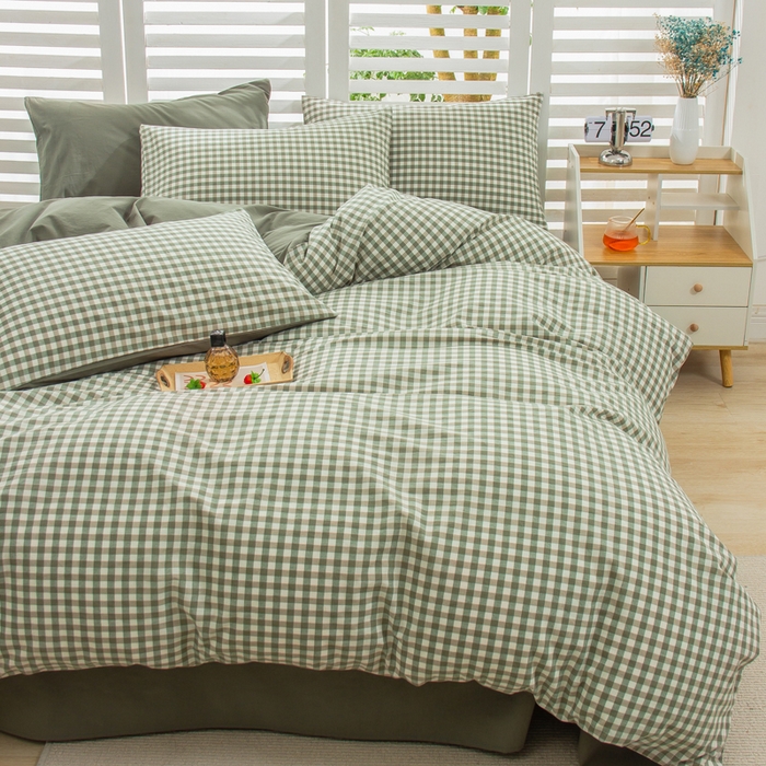 91家纺网 家纺一手货源 找家纺 柠萌家居 2024新款无印风A类全棉色织水洗棉四件套 小格绿