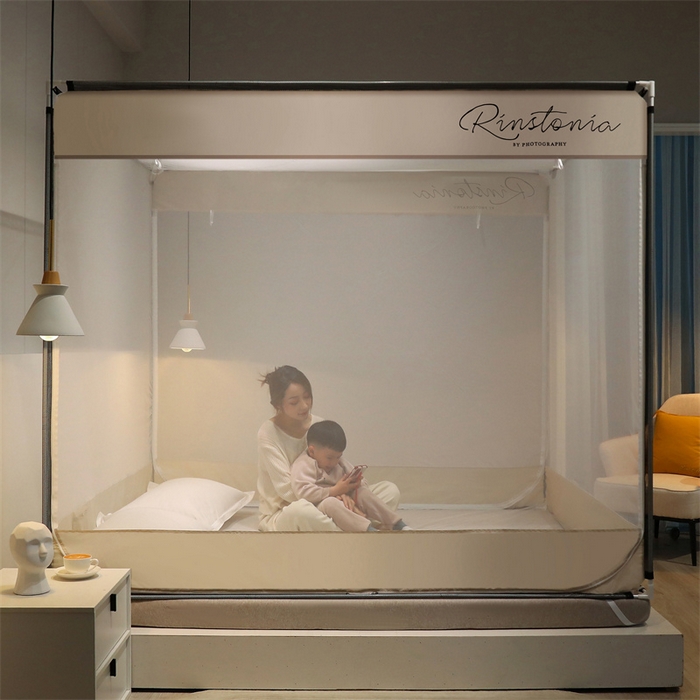 91家纺网 家纺一手货源 找家纺 佳梦家纺 2023新款方顶印花坐床蚊帐 恋家-米色