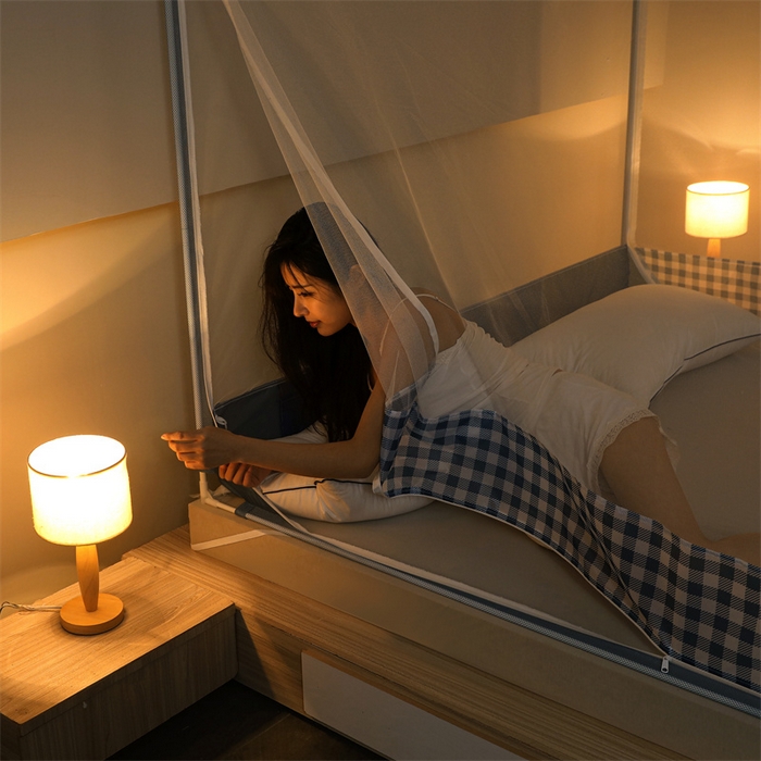 91家纺网 家纺一手货源 找家纺 佳梦家纺 2023新款方顶印花坐床蚊帐 夏日蓝