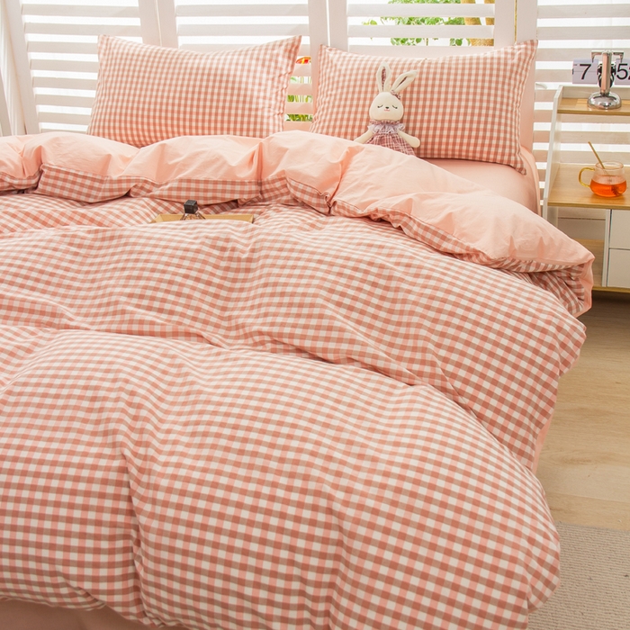 91家纺网 家纺一手货源 找家纺 柠萌家居 2024新款无印风A类全棉色织水洗棉四件套 蜜粉格