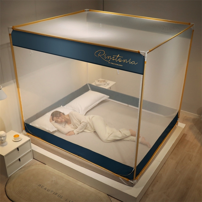 91家纺网 家纺一手货源 找家纺 佳梦家纺 2023新款方顶印花坐床蚊帐 恋家-蓝