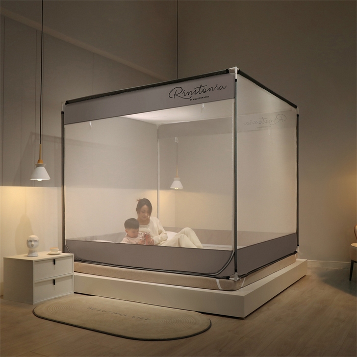 91家纺网 家纺一手货源 找家纺 佳梦家纺 2023新款方顶印花坐床蚊帐 恋家-灰色